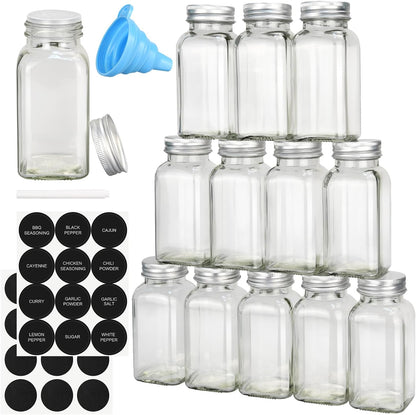12/24/36 Pack Glass Spice Jars, 4oz Empty Spice Jars | with Metal Caps, Labels, Shaker Lids, Collapsible Funnel, Chalk Pen, Seasoning Organizer for Spice Rack
