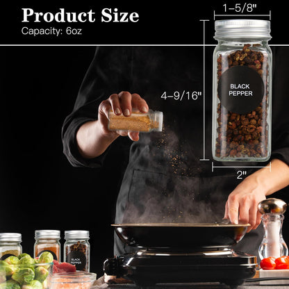 12/24/36 Pack Glass Spice Jars, 4oz Empty Spice Jars | with Metal Caps, Labels, Shaker Lids, Collapsible Funnel, Chalk Pen, Seasoning Organizer for Spice Rack