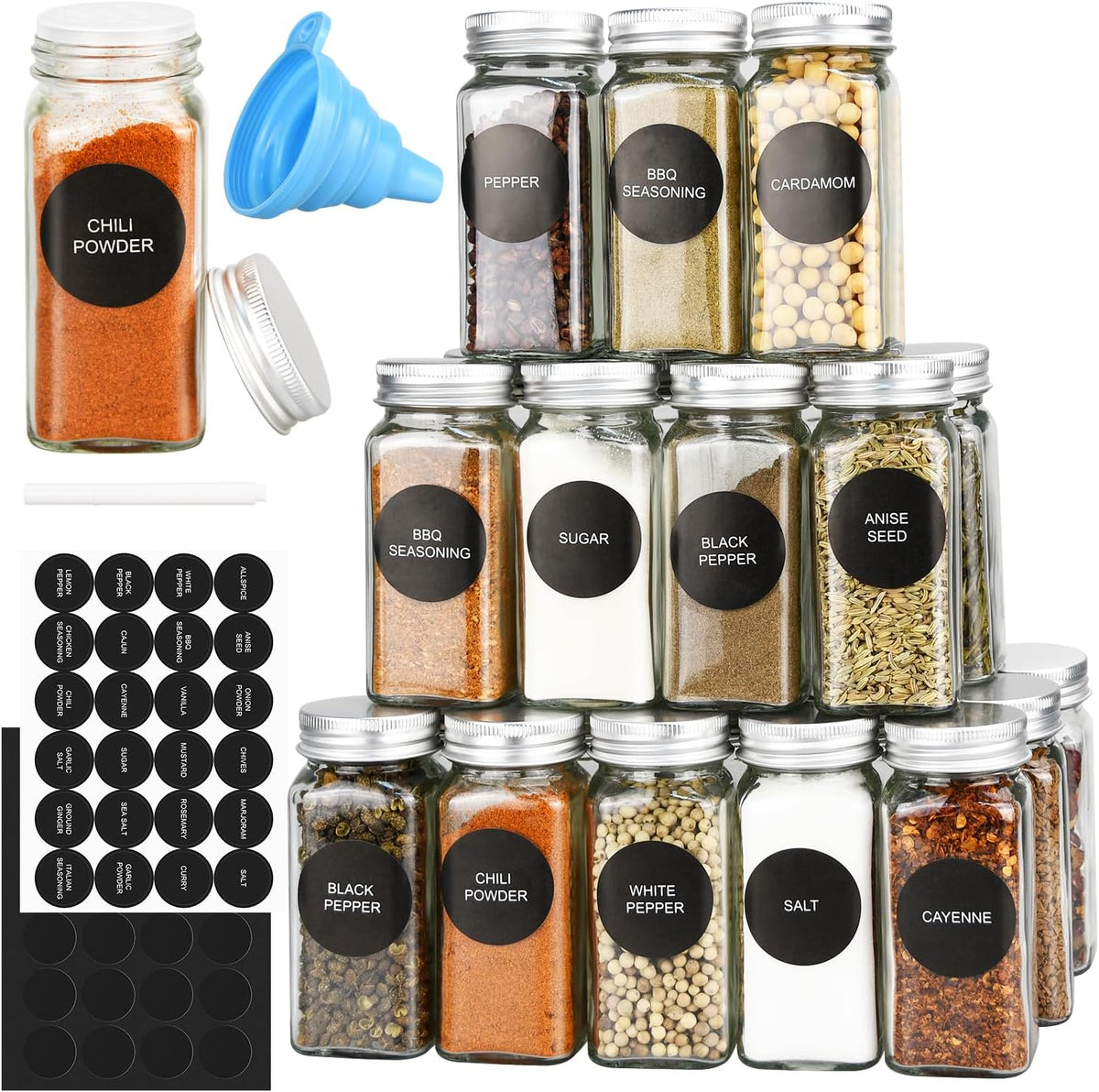 12/24/36 Pack Glass Spice Jars, 4oz Empty Spice Jars | with Metal Caps, Labels, Shaker Lids, Collapsible Funnel, Chalk Pen, Seasoning Organizer for Spice Rack