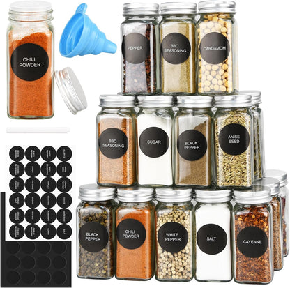 12/24/36 Pack Glass Spice Jars, 4oz Empty Spice Jars | with Metal Caps, Labels, Shaker Lids, Collapsible Funnel, Chalk Pen, Seasoning Organizer for Spice Rack