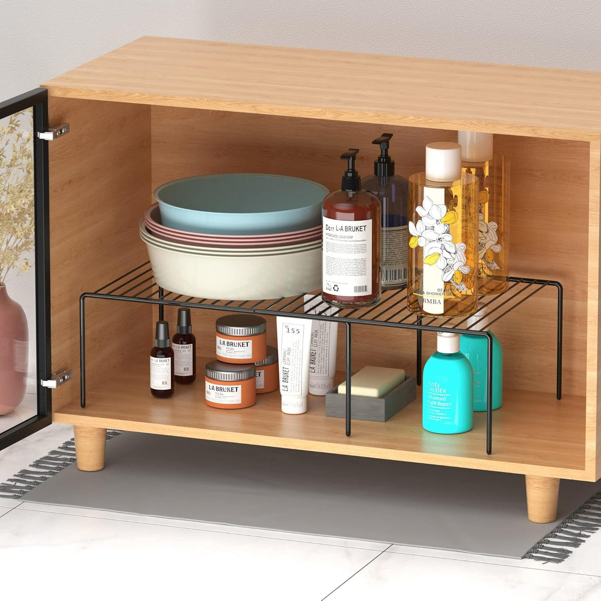 4-Piece Expandable Metal Rustproof Storage Shelf Rack, Kitchen Counter and Cabinet Organizer, Space Saver for Fridge, Bathroom, White, Set of 2