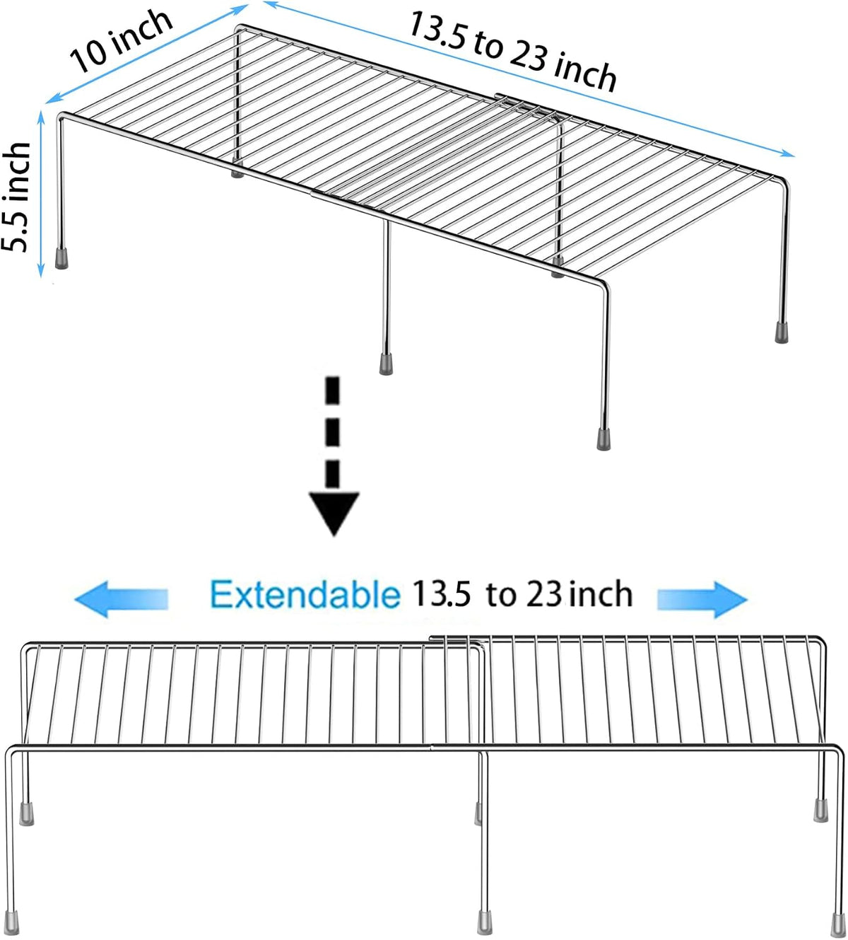 4-Piece Expandable Metal Rustproof Storage Shelf Rack, Kitchen Counter and Cabinet Organizer, Space Saver for Fridge, Bathroom, White, Set of 2