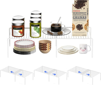 4-Piece Expandable Metal Rustproof Storage Shelf Rack, Kitchen Counter and Cabinet Organizer, Space Saver for Fridge, Bathroom, White, Set of 2