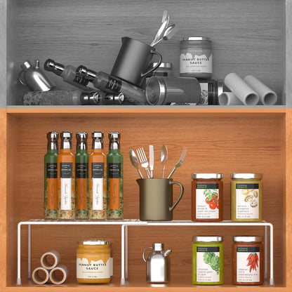 4-Piece Expandable Metal Rustproof Storage Shelf Rack, Kitchen Counter and Cabinet Organizer, Space Saver for Fridge, Bathroom, White, Set of 2