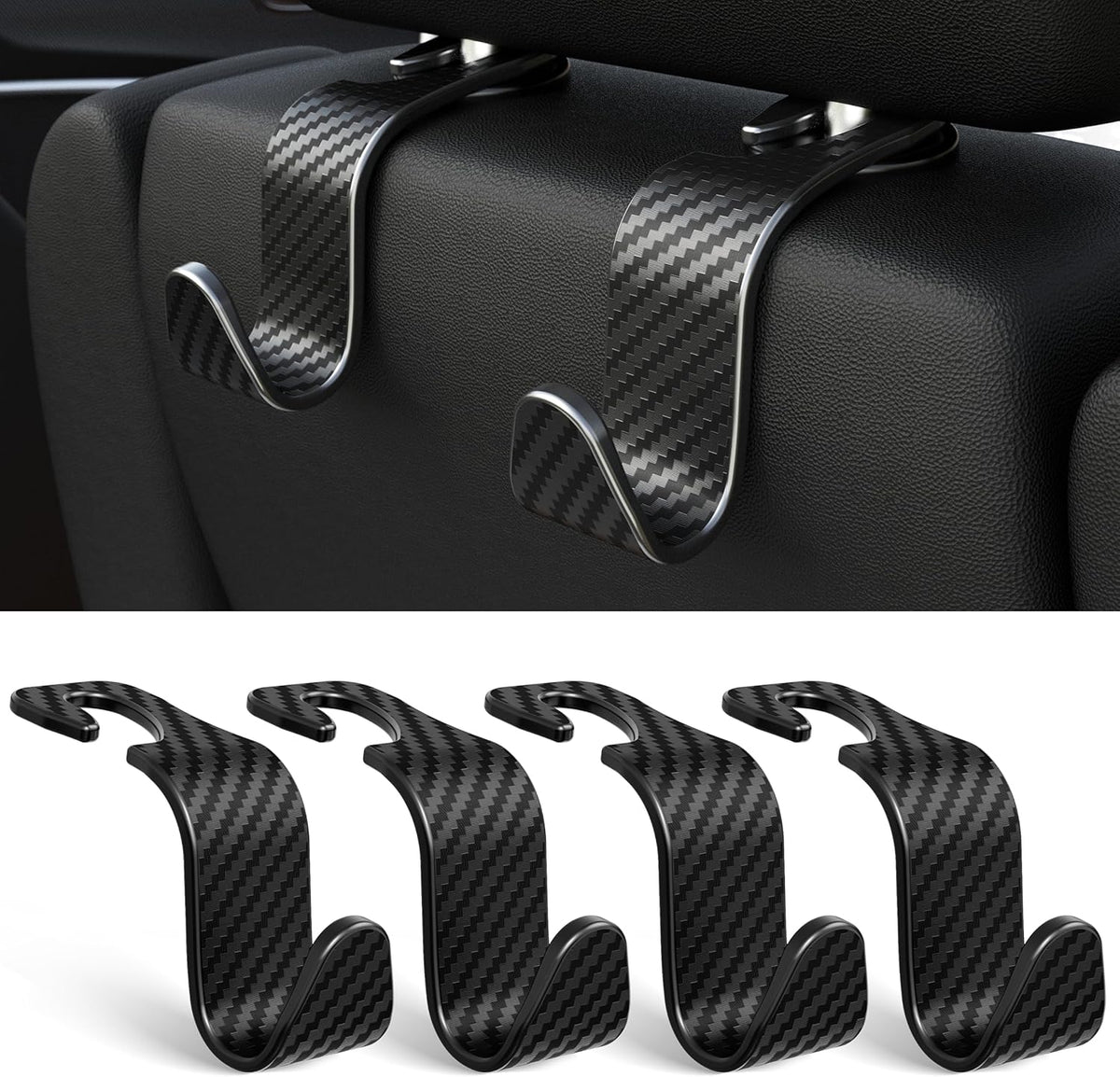 4-Pack Car Headrest Hooks Holds 55lbs Seat Storage Organizer for Bags | Durable ABS Material, 360° Rotating, Car Hanger for Backpack Umbrella Water Bottle Coat Handbags Groceries, Checkered Black