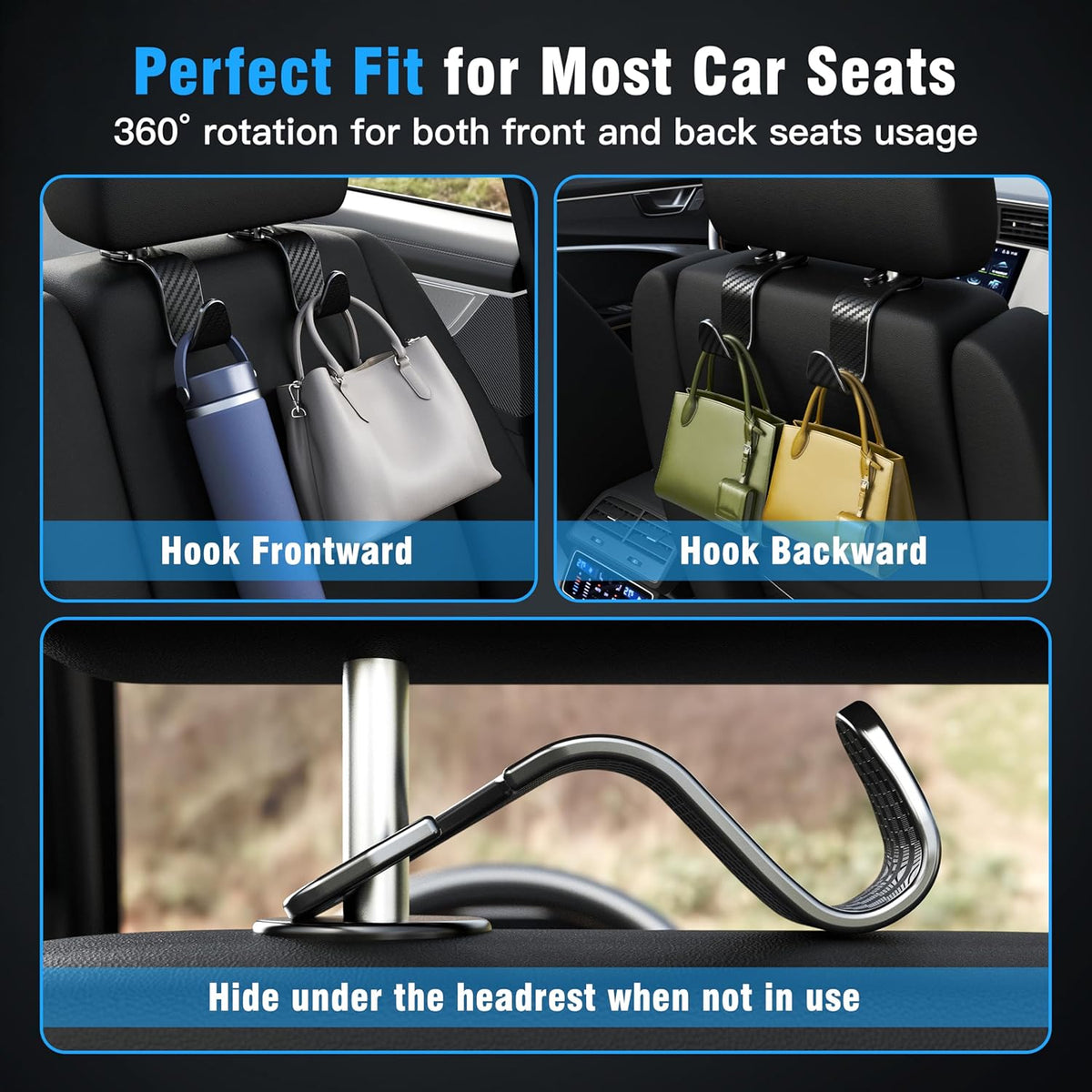 4-Pack Car Headrest Hooks Holds 55lbs Seat Storage Organizer for Bags | Durable ABS Material, 360° Rotating, Car Hanger for Backpack Umbrella Water Bottle Coat Handbags Groceries, Checkered Black