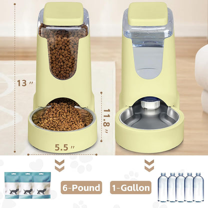 Automatic Cat Feeder and Water Dispenser with Stainless Steel Bowl Dog Gravity Food Feeder and Waterer for Small Medium Pets Puppy Kitten 1 Gallon x 2