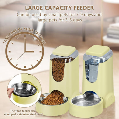 Automatic Cat Feeder and Water Dispenser with Stainless Steel Bowl Dog Gravity Food Feeder and Waterer for Small Medium Pets Puppy Kitten 1 Gallon x 2
