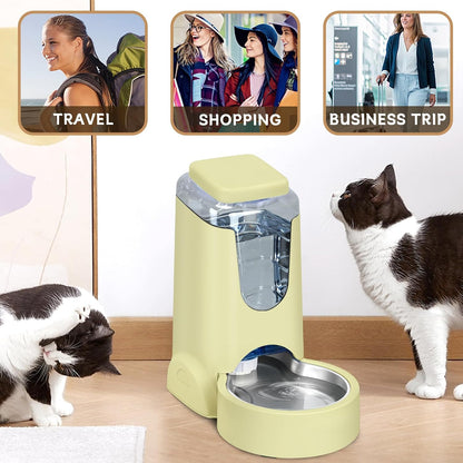 Automatic Cat Feeder and Water Dispenser with Stainless Steel Bowl Dog Gravity Food Feeder and Waterer for Small Medium Pets Puppy Kitten 1 Gallon x 2