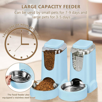 Automatic Cat Feeder and Water Dispenser with Stainless Steel Bowl Dog Gravity Food Feeder and Waterer for Small Medium Pets Puppy Kitten 1 Gallon x 2