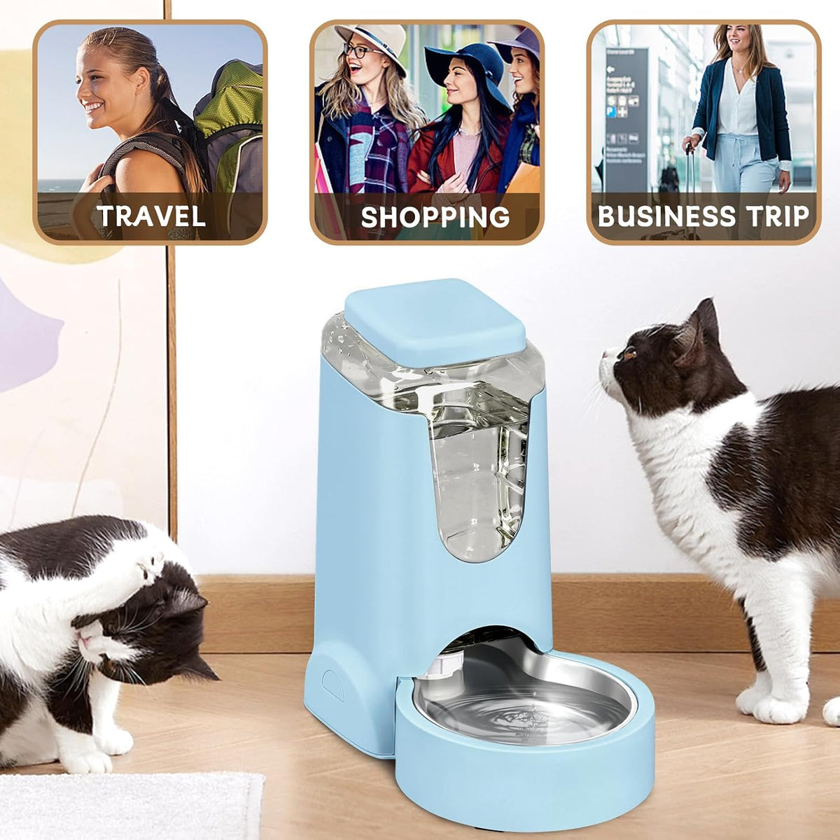 Automatic Cat Feeder and Water Dispenser with Stainless Steel Bowl Dog Gravity Food Feeder and Waterer for Small Medium Pets Puppy Kitten 1 Gallon x 2