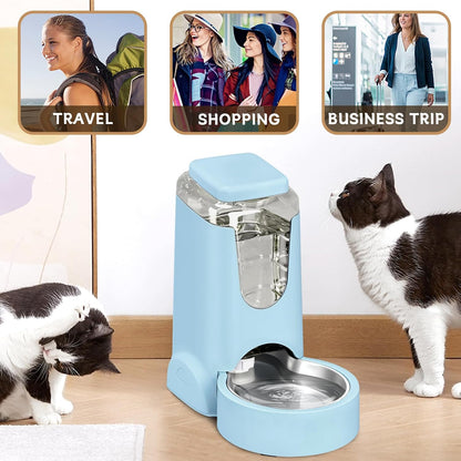 Automatic Cat Feeder and Water Dispenser with Stainless Steel Bowl Dog Gravity Food Feeder and Waterer for Small Medium Pets Puppy Kitten 1 Gallon x 2