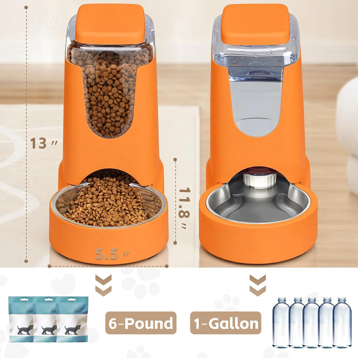 Automatic Cat Feeder and Water Dispenser with Stainless Steel Bowl Dog Gravity Food Feeder and Waterer for Small Medium Pets Puppy Kitten 1 Gallon x 2