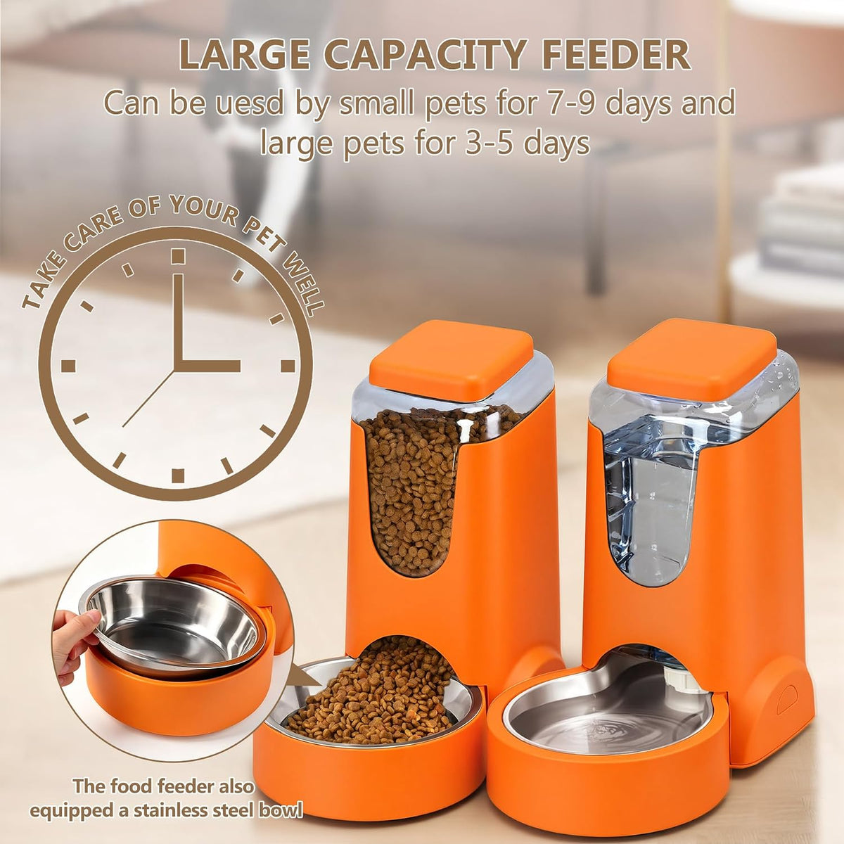 Automatic Cat Feeder and Water Dispenser with Stainless Steel Bowl Dog Gravity Food Feeder and Waterer for Small Medium Pets Puppy Kitten 1 Gallon x 2