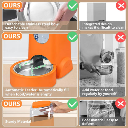 Automatic Cat Feeder and Water Dispenser with Stainless Steel Bowl Dog Gravity Food Feeder and Waterer for Small Medium Pets Puppy Kitten 1 Gallon x 2