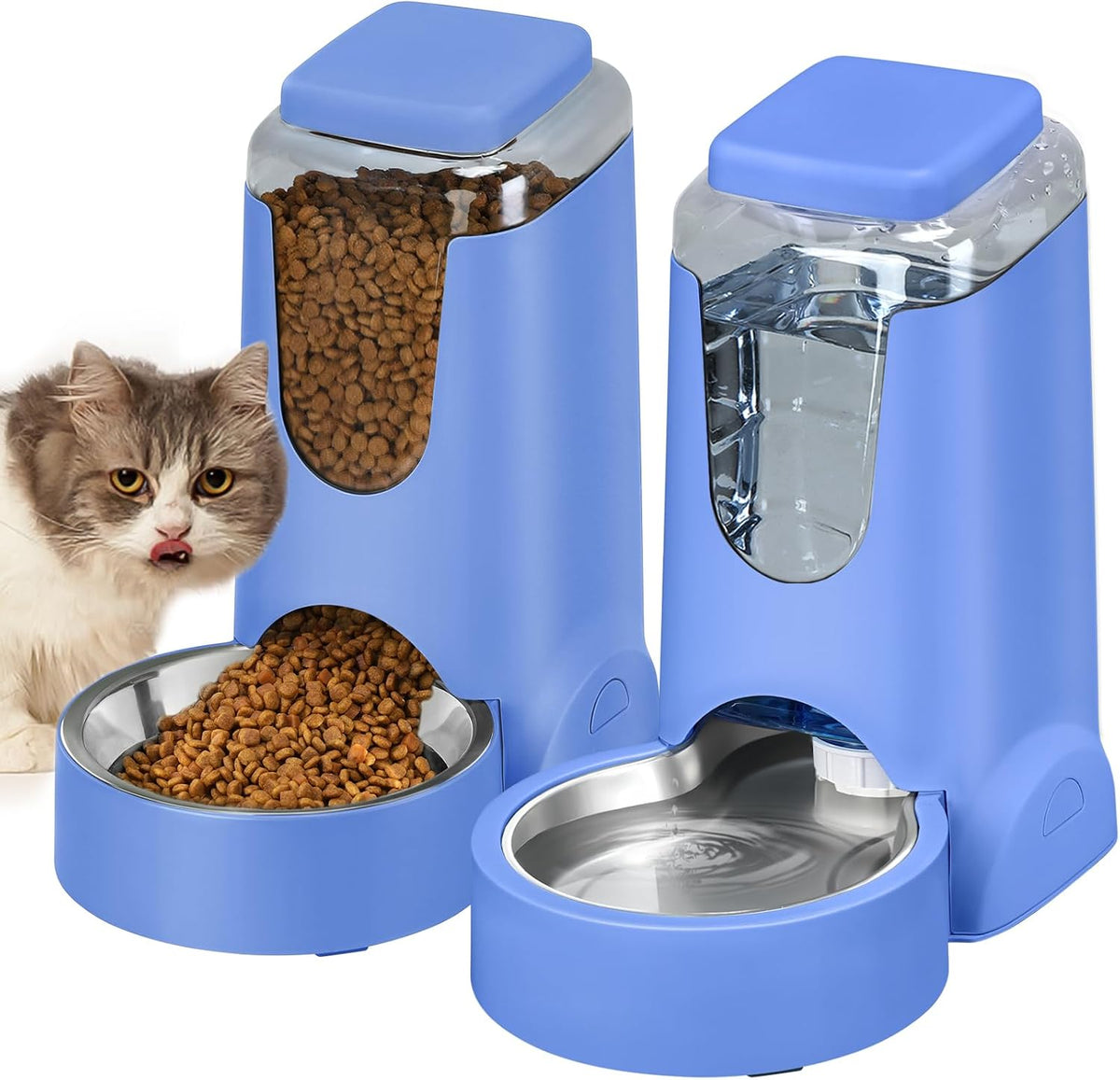 Automatic Cat Feeder and Water Dispenser with Stainless Steel Bowl Dog Gravity Food Feeder and Waterer for Small Medium Pets Puppy Kitten 1 Gallon x 2