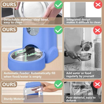 Automatic Cat Feeder and Water Dispenser with Stainless Steel Bowl Dog Gravity Food Feeder and Waterer for Small Medium Pets Puppy Kitten 1 Gallon x 2