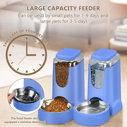 Automatic Cat Feeder and Water Dispenser with Stainless Steel Bowl Dog Gravity Food Feeder and Waterer for Small Medium Pets Puppy Kitten 1 Gallon x 2