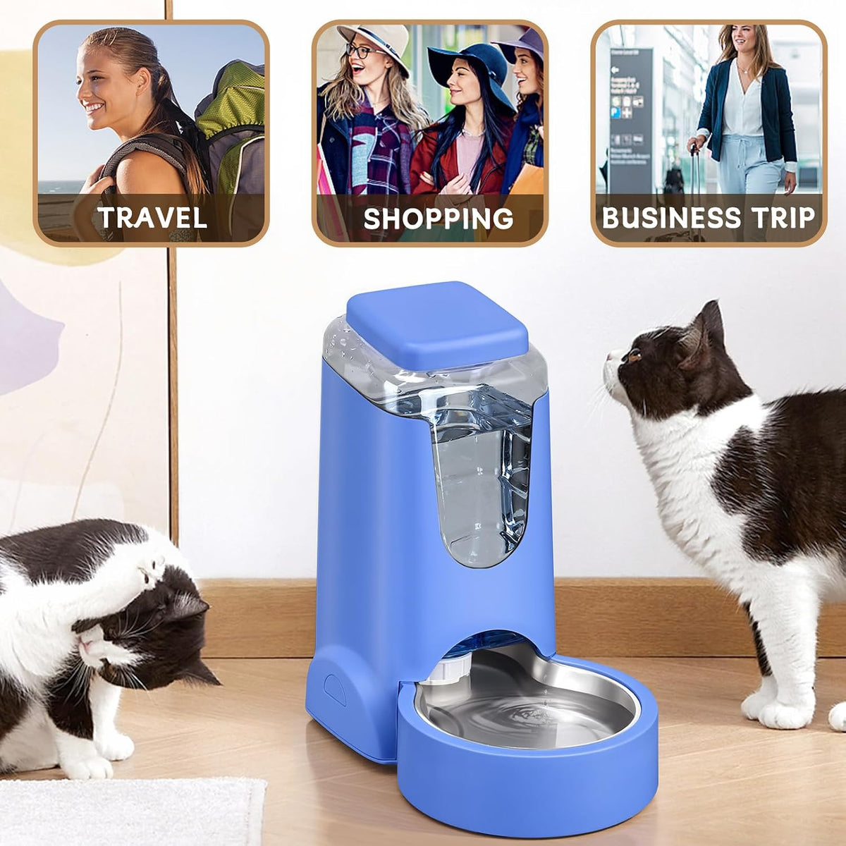 Automatic Cat Feeder and Water Dispenser with Stainless Steel Bowl Dog Gravity Food Feeder and Waterer for Small Medium Pets Puppy Kitten 1 Gallon x 2