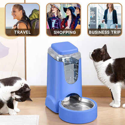 Automatic Cat Feeder and Water Dispenser with Stainless Steel Bowl Dog Gravity Food Feeder and Waterer for Small Medium Pets Puppy Kitten 1 Gallon x 2