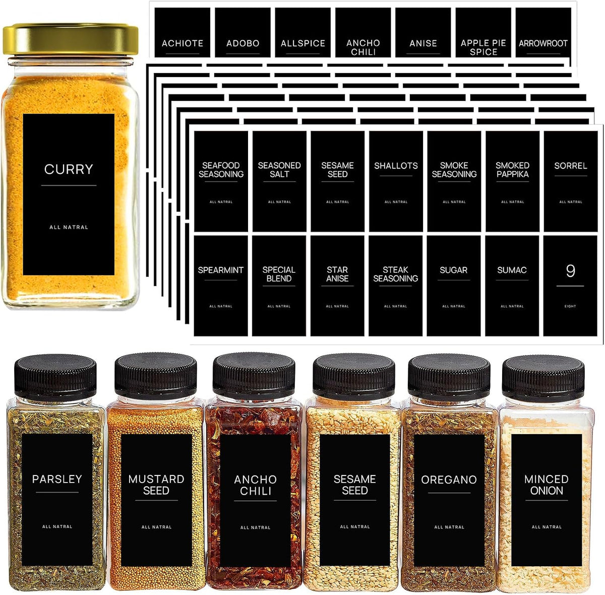 140PCS Spice Labels for Spice Jars, Black Minimalist Preprinted Spice Jar Labels,Waterproof Oil Resistant Label Stickers for Kitchen Pantry Seasoning Containers