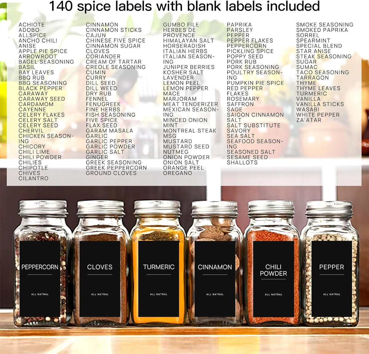 140PCS Spice Labels for Spice Jars, Black Minimalist Preprinted Spice Jar Labels,Waterproof Oil Resistant Label Stickers for Kitchen Pantry Seasoning Containers