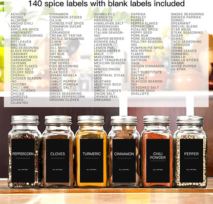 140PCS Spice Labels for Spice Jars, Black Minimalist Preprinted Spice Jar Labels,Waterproof Oil Resistant Label Stickers for Kitchen Pantry Seasoning Containers