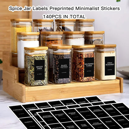 140PCS Spice Labels for Spice Jars, Black Minimalist Preprinted Spice Jar Labels,Waterproof Oil Resistant Label Stickers for Kitchen Pantry Seasoning Containers