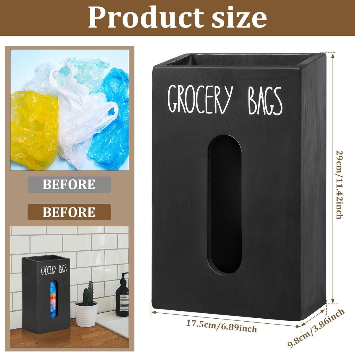 Grocery Bag Holder for Plastic Bags - Wooden Trash Bag Dispenser, Space Saving Countertop Dispenser for Kitchen & Home (Black)