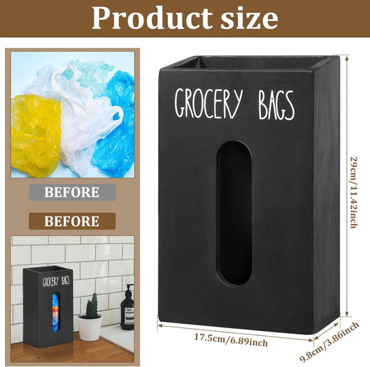 Grocery Bag Holder for Plastic Bags - Wooden Trash Bag Dispenser, Space Saving Countertop Dispenser for Kitchen & Home (Black)