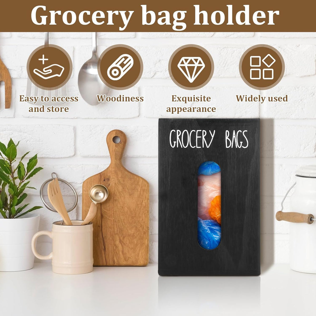 Grocery Bag Holder for Plastic Bags - Wooden Trash Bag Dispenser, Space Saving Countertop Dispenser for Kitchen & Home (Black)