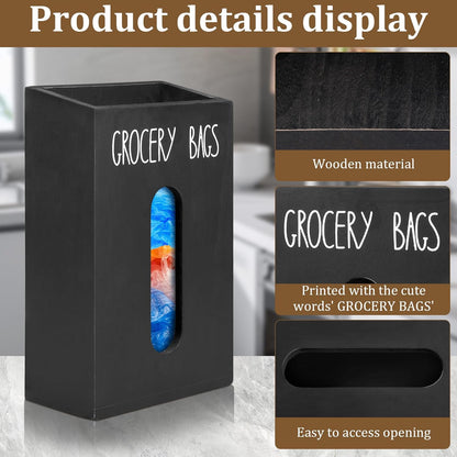Grocery Bag Holder for Plastic Bags - Wooden Trash Bag Dispenser, Space Saving Countertop Dispenser for Kitchen & Home (Black)