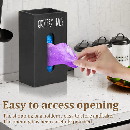 Grocery Bag Holder for Plastic Bags - Wooden Trash Bag Dispenser, Space Saving Countertop Dispenser for Kitchen & Home (Black)