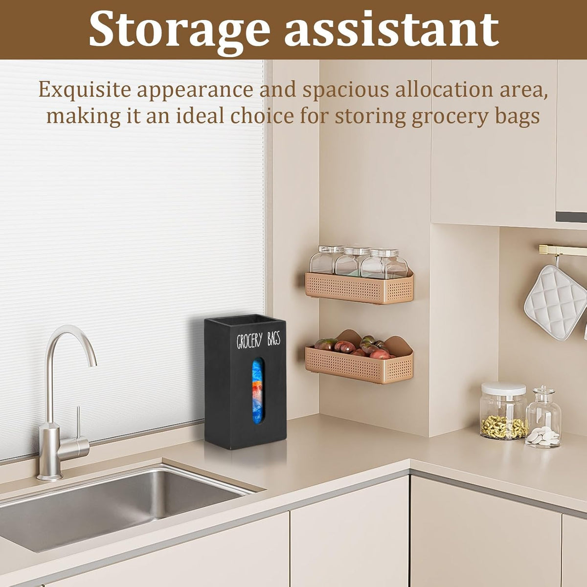 Grocery Bag Holder for Plastic Bags - Wooden Trash Bag Dispenser, Space Saving Countertop Dispenser for Kitchen & Home (Black)
