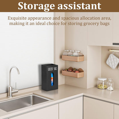 Grocery Bag Holder for Plastic Bags - Wooden Trash Bag Dispenser, Space Saving Countertop Dispenser for Kitchen & Home (Black)