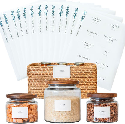 Pantry Labels, 130 Preprinted Vinyl Stickers for Food Containers, Water Resistant, 2 x 3 inches, Minimalist Labels for Organizing, Food Label for Jars, Storage Bins (White)