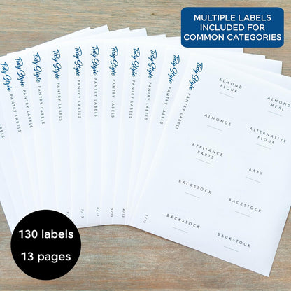 Pantry Labels, 130 Preprinted Vinyl Stickers for Food Containers, Water Resistant, 2 x 3 inches, Minimalist Labels for Organizing, Food Label for Jars, Storage Bins (White)