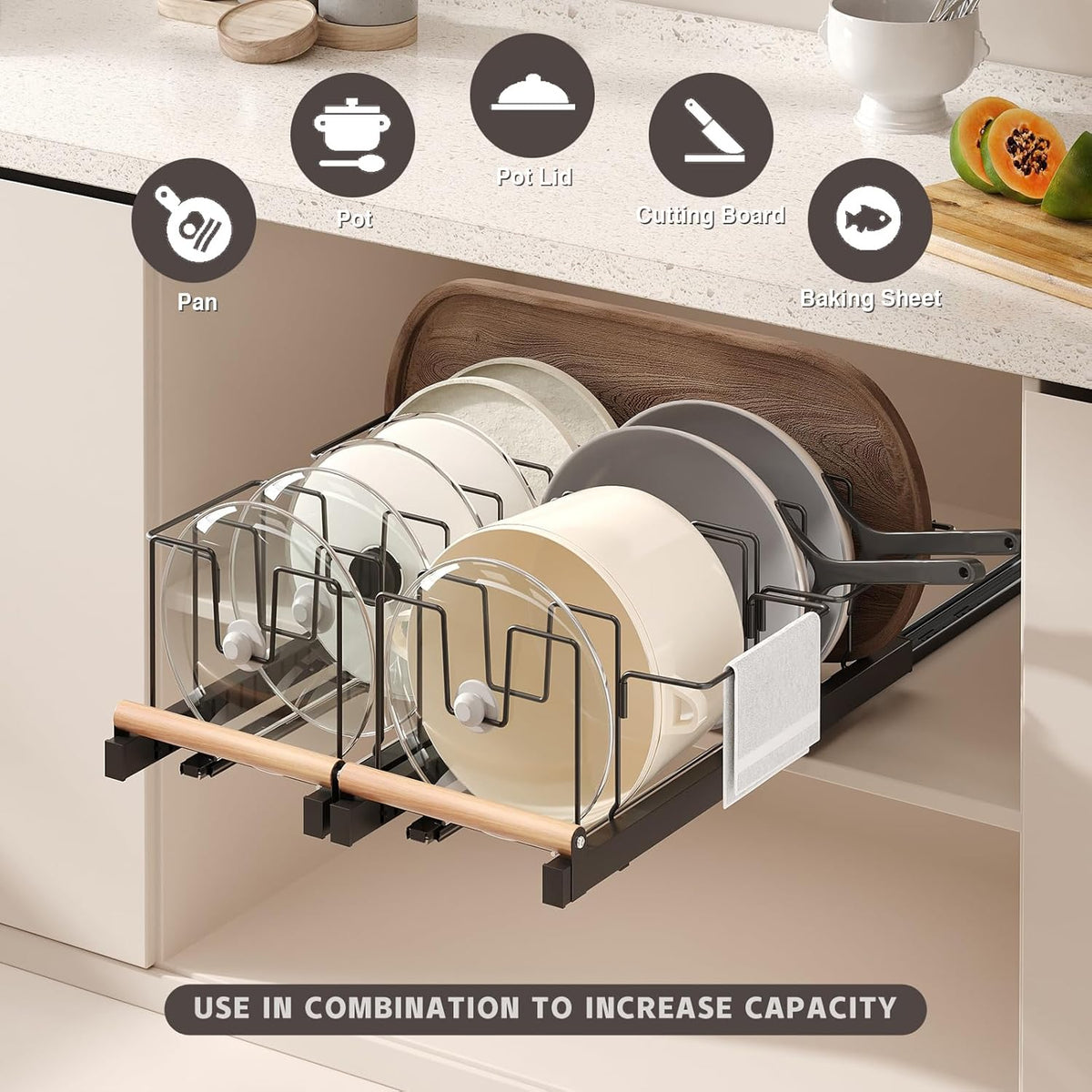 Pull Out Pots and Pans Organizer Under Cabinet, 22" Deep Expandable Pot Lid Organizer and Storage with 10 Adjustable Dividers Adhesive Pot and Pan Holder Rack with Handle Bracket(1 Pack,Black)