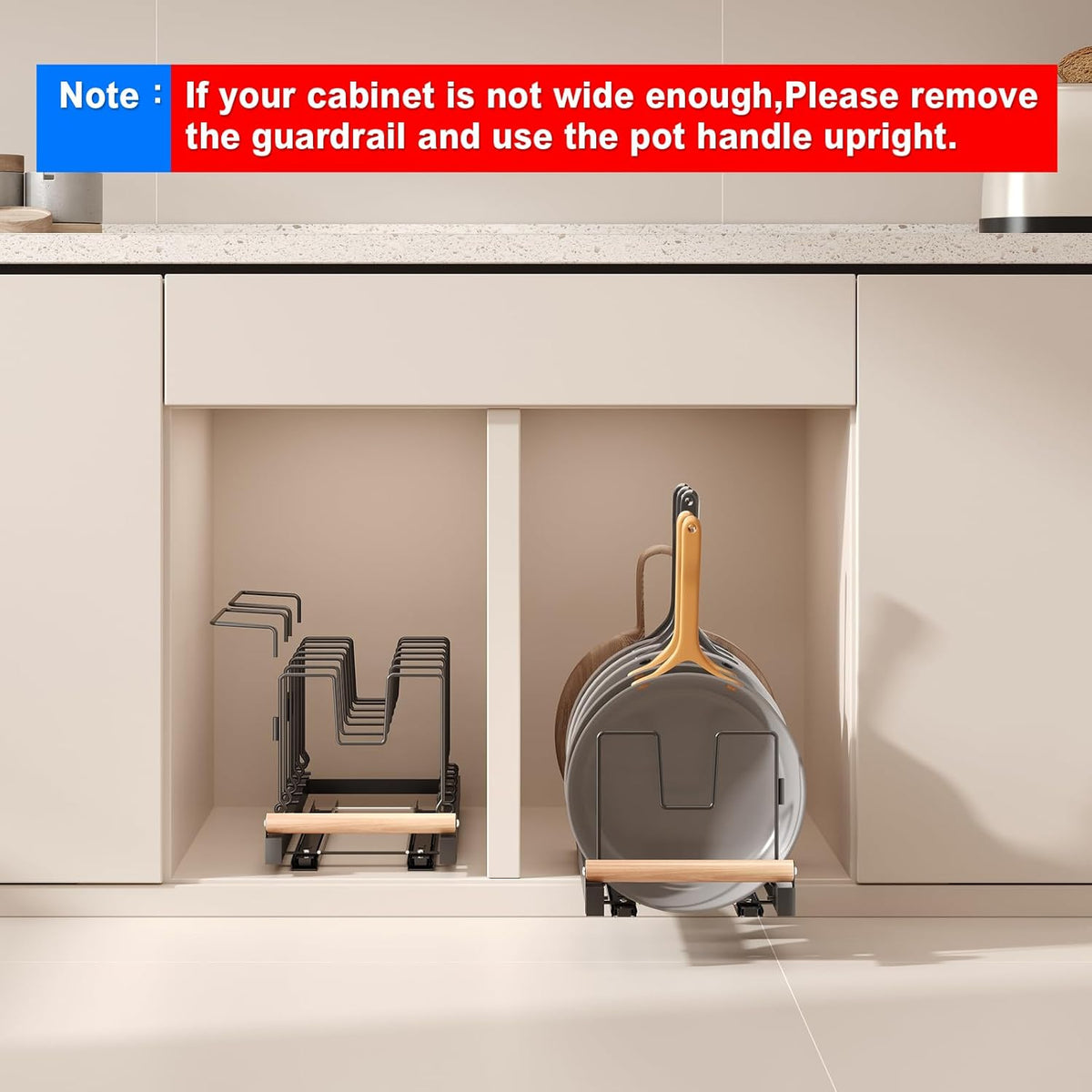 Pull Out Pots and Pans Organizer Under Cabinet, 22" Deep Expandable Pot Lid Organizer and Storage with 10 Adjustable Dividers Adhesive Pot and Pan Holder Rack with Handle Bracket(1 Pack,Black)