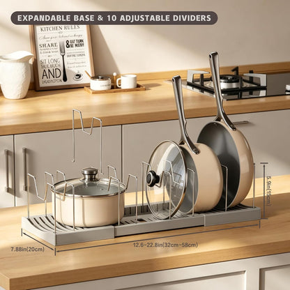 Pull Out Pots and Pans Organizer Under Cabinet, 22" Deep Expandable Pot Lid Organizer and Storage with 10 Adjustable Dividers Adhesive Pot and Pan Holder Rack with Handle Bracket(1 Pack,Black)