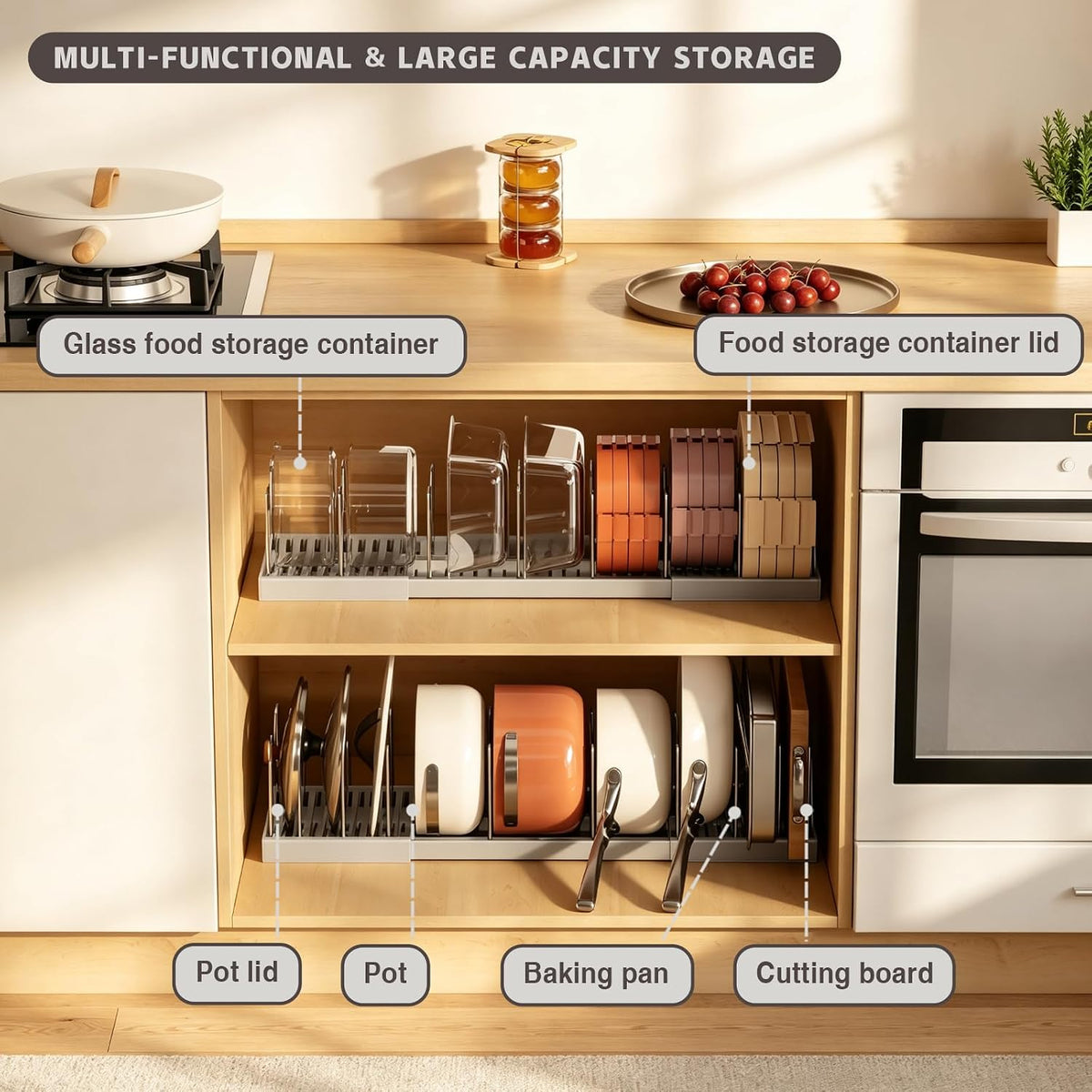 Pull Out Pots and Pans Organizer Under Cabinet, 22" Deep Expandable Pot Lid Organizer and Storage with 10 Adjustable Dividers Adhesive Pot and Pan Holder Rack with Handle Bracket(1 Pack,Black)