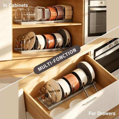 Pull Out Pots and Pans Organizer Under Cabinet, 22" Deep Expandable Pot Lid Organizer and Storage with 10 Adjustable Dividers Adhesive Pot and Pan Holder Rack with Handle Bracket(1 Pack,Black)