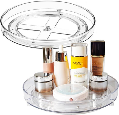 2 Tier Clear Lazy Susan Organizer for Fridge and Cabinet, 360° Rotating Makeup Organizer, Cosmetic Display Cases, Under Sink Turntable Organizer for Kitchen Bathroom Dorm