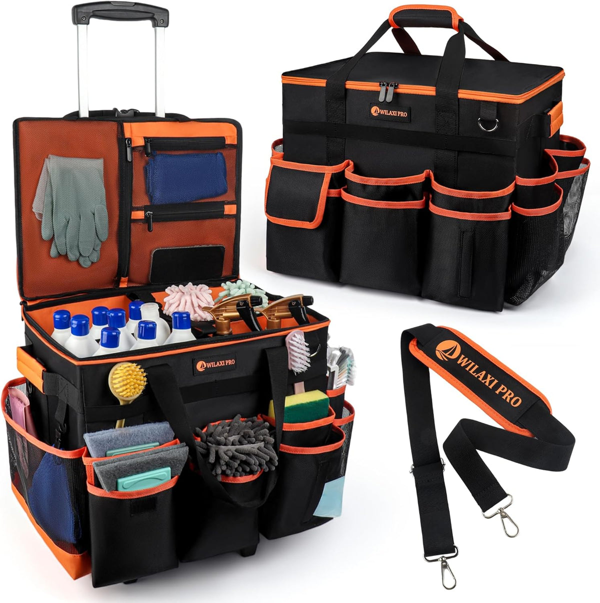  Large Rolling Cleaning Caddy with Wheels and Detachable Trolley, Extra Large Water-Resistant Cleaning Cart for Housekeepers, Cleaning Supplies Organizer with Multi-Pockets Tools Storage