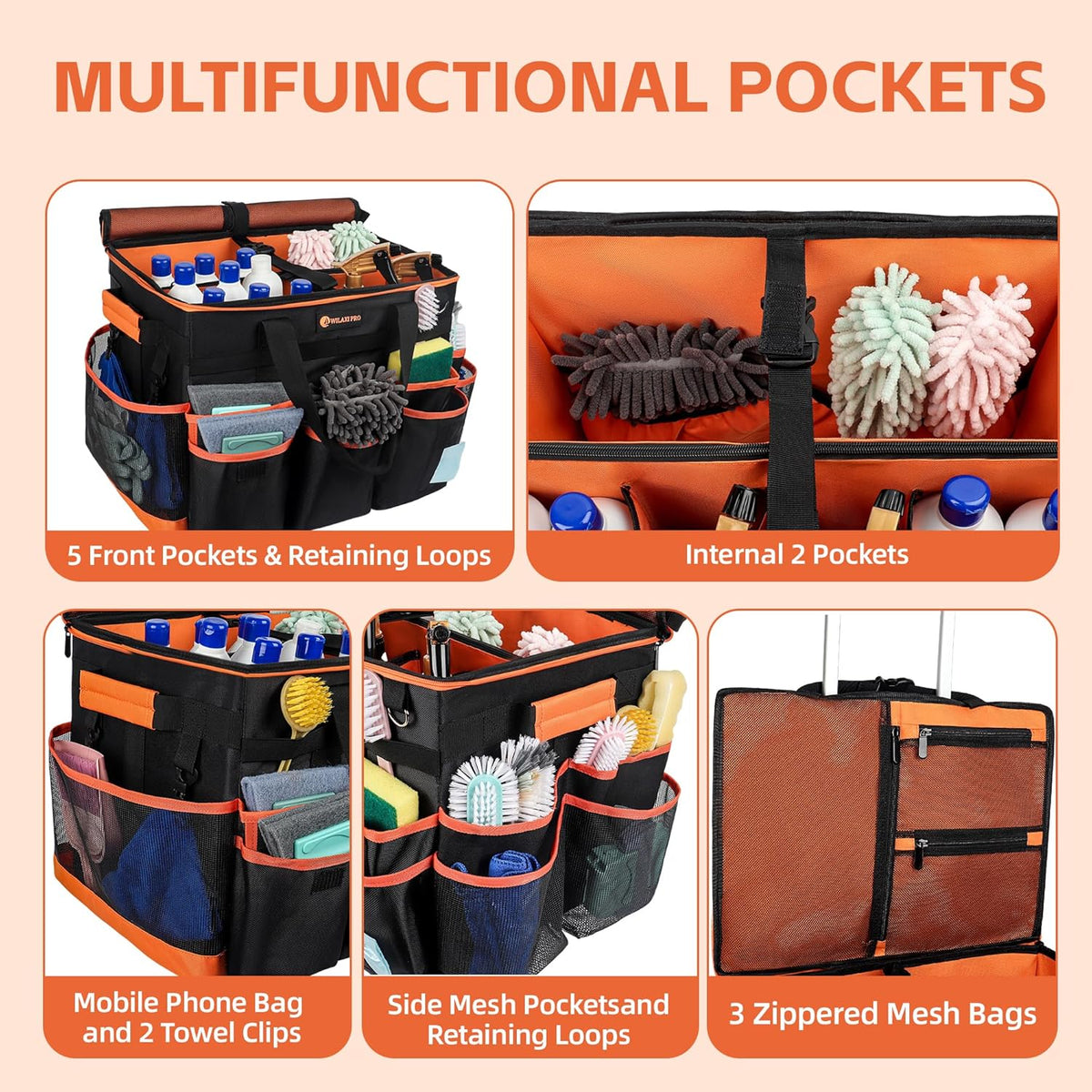  Large Rolling Cleaning Caddy with Wheels and Detachable Trolley, Extra Large Water-Resistant Cleaning Cart for Housekeepers, Cleaning Supplies Organizer with Multi-Pockets Tools Storage