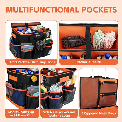  Large Rolling Cleaning Caddy with Wheels and Detachable Trolley, Extra Large Water-Resistant Cleaning Cart for Housekeepers, Cleaning Supplies Organizer with Multi-Pockets Tools Storage