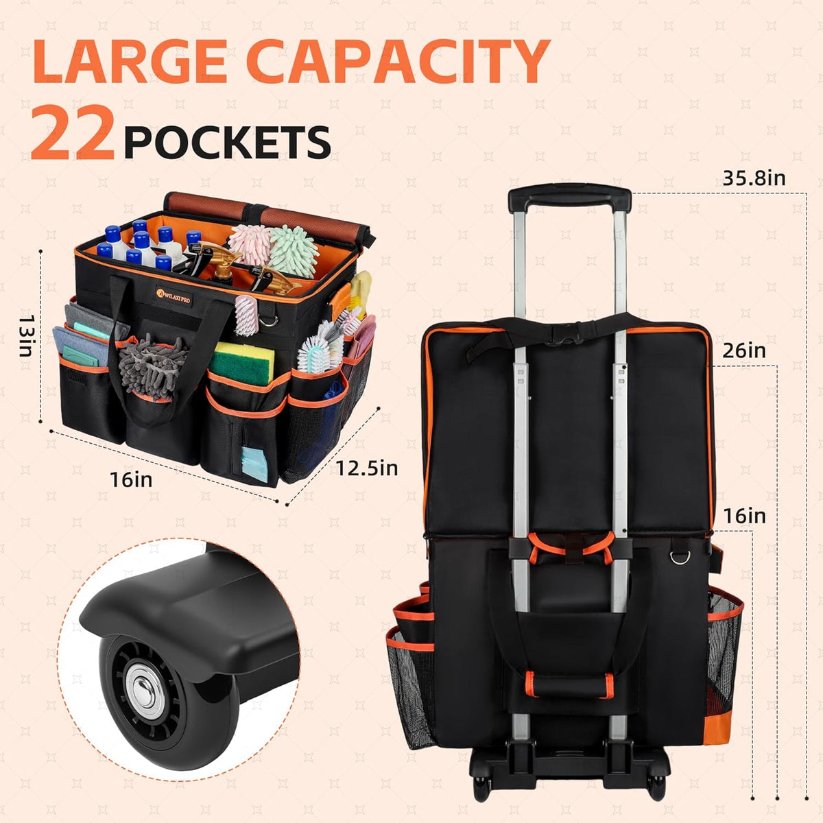  Large Rolling Cleaning Caddy with Wheels and Detachable Trolley, Extra Large Water-Resistant Cleaning Cart for Housekeepers, Cleaning Supplies Organizer with Multi-Pockets Tools Storage