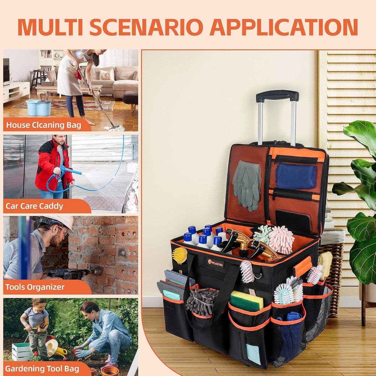  Large Rolling Cleaning Caddy with Wheels and Detachable Trolley, Extra Large Water-Resistant Cleaning Cart for Housekeepers, Cleaning Supplies Organizer with Multi-Pockets Tools Storage