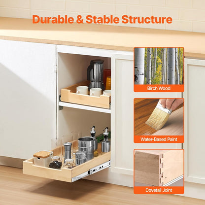 2 Tier Pull Out Cabinet Organizer, 14" W x 21" D Cabinet Drawer, Soft Close Slide out Shelf, Heavy-Duty Sliding Wood Drawer, Adjustable Base Cabinet Organization for Kitchen Pantry Bathroom