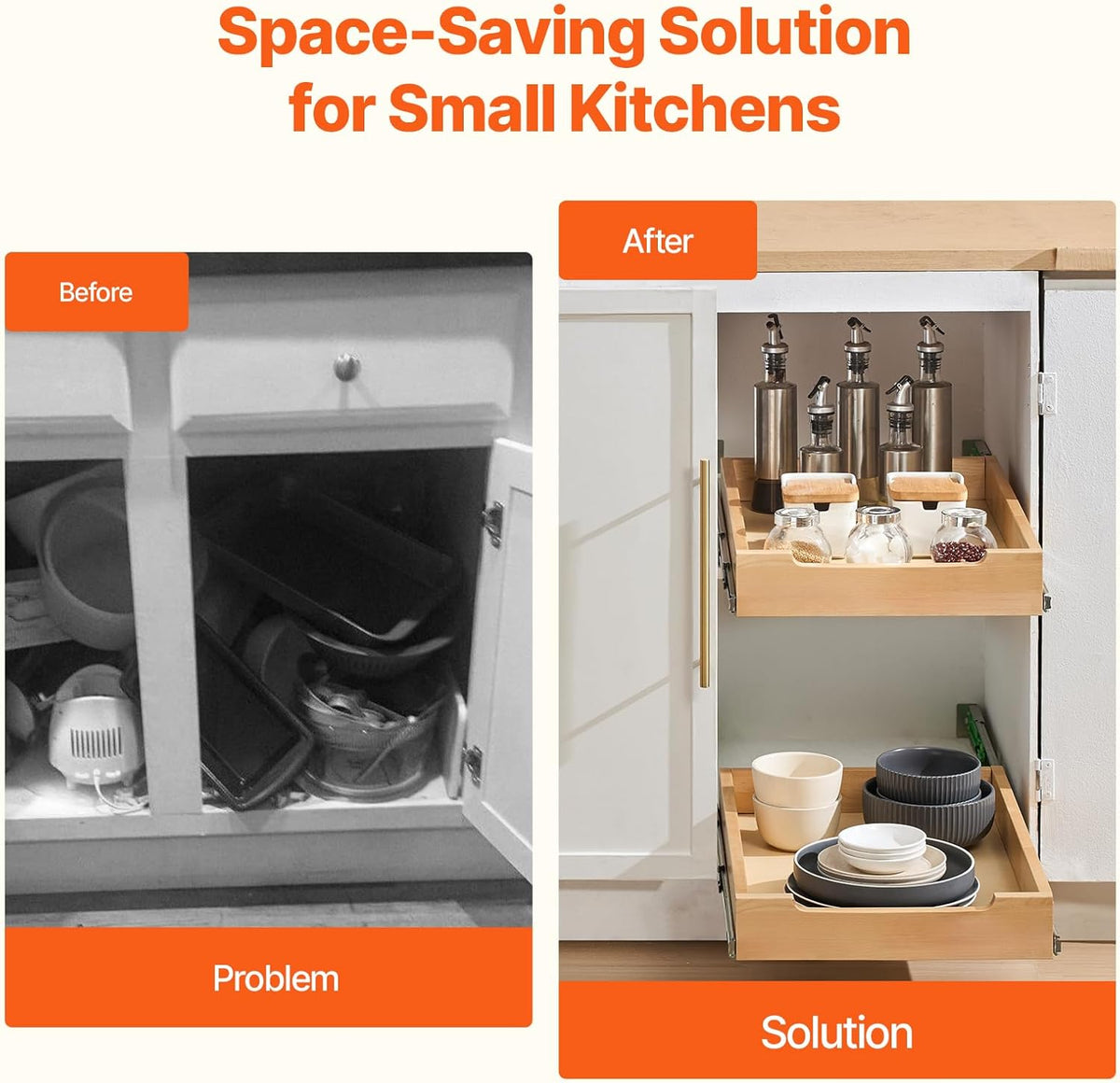 2 Tier Pull Out Cabinet Organizer, 14" W x 21" D Cabinet Drawer, Soft Close Slide out Shelf, Heavy-Duty Sliding Wood Drawer, Adjustable Base Cabinet Organization for Kitchen Pantry Bathroom